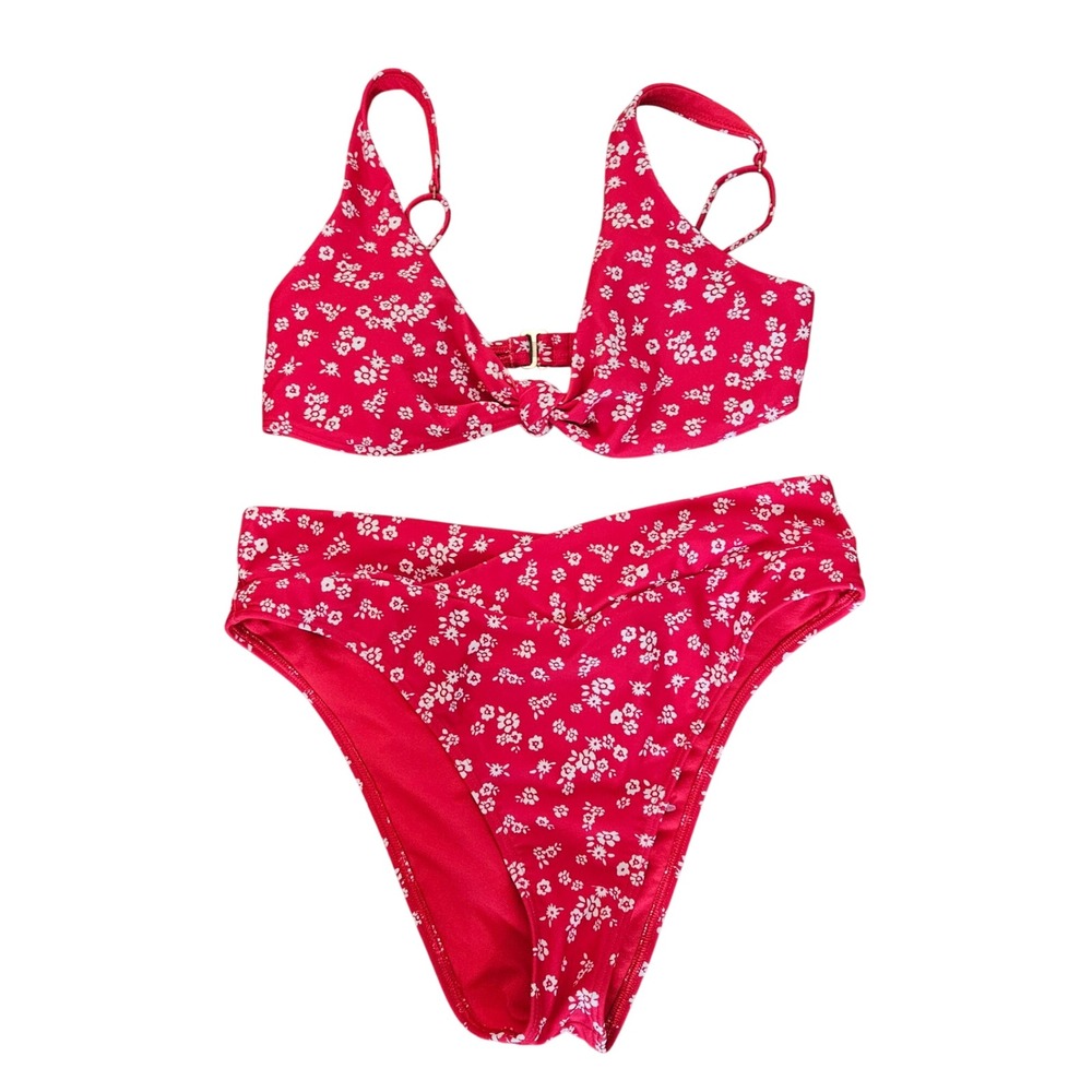Hollister Swim Red Floral Bikini Set Knot Front Top S High Waist V Cut Bottom M - Picture 1 of 7